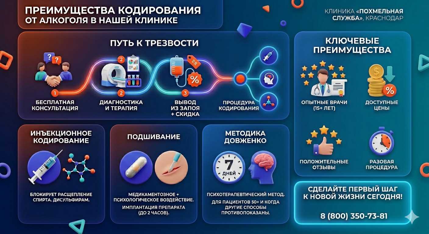 Инфографика о методах кодирования от алкоголя в Сасово: инъекции, подшивание, метод Довженко. Преимущества клиники и этапы лечения.